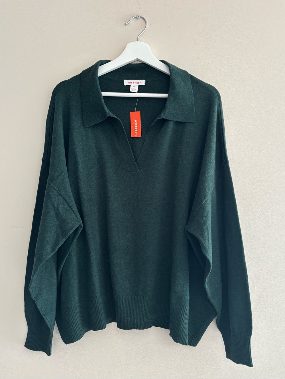 Cashmere Cotton-Blend Forest Green V-Neck Collared Sweater Plus Size 1X Autumn 🍁